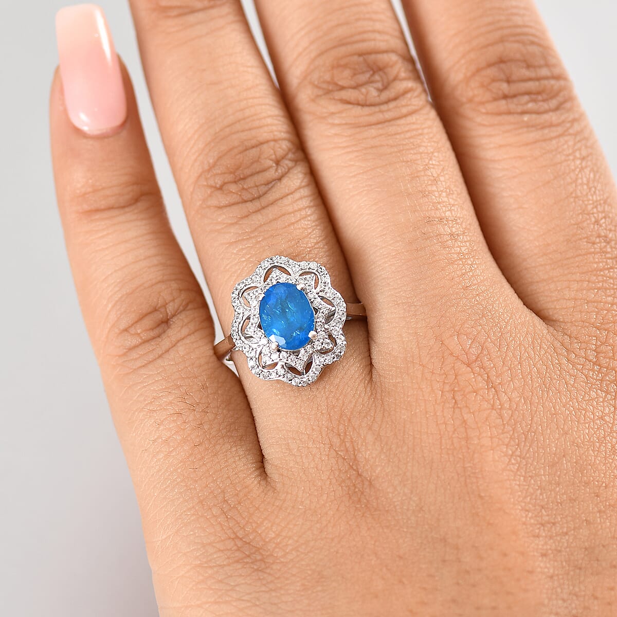 D'Joy Malgache Neon Apatite and White Zircon 2.60 ctw Ocean Bloom Ring in Rhodium Over Sterling Silver (Size 9.0) image number 2
