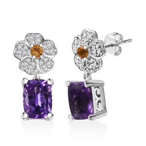 GP Italian Garden Collection African Amethyst and Multi Gemstone 3.10 ctw Floral Earrings in Rhodium Over Sterling Silver