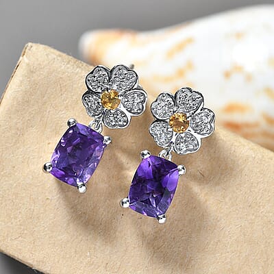 GP Italian Garden Collection African Amethyst and Multi Gemstone 3.10 ctw Floral Earrings in Rhodium Over Sterling Silver