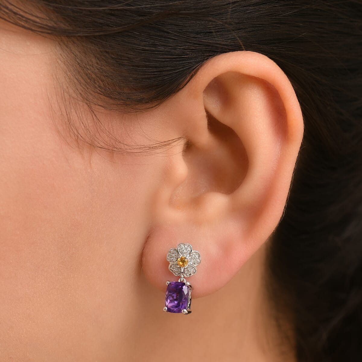 GP Italian Garden Collection African Amethyst and Multi Gemstone 3.10 ctw Floral Earrings in Rhodium Over Sterling Silver image number 2