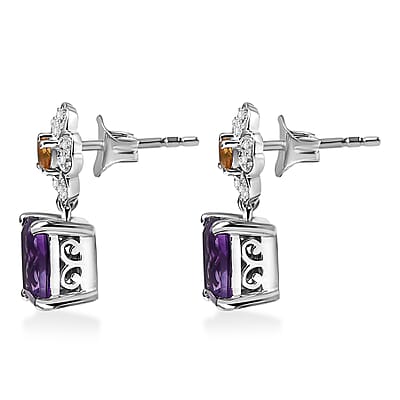 GP Italian Garden Collection African Amethyst and Multi Gemstone 3.10 ctw Floral Earrings in Rhodium Over Sterling Silver