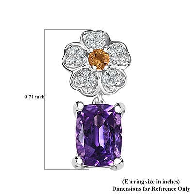 GP Italian Garden Collection African Amethyst and Multi Gemstone 3.10 ctw Floral Earrings in Rhodium Over Sterling Silver
