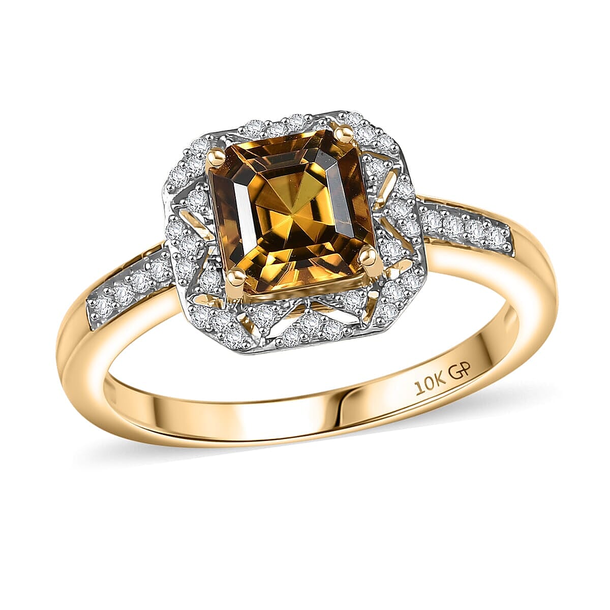 GP 10K Yellow Gold AAA Asscher Cut Golden Turkizite, Diamond (I2) Ring (Size 10.0) 2.15 ctw image number 0