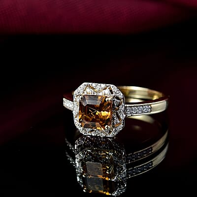 GP Royal Art Deco Collection AAA Asscher Cut Golden Turkizite, Diamond Ring in 10K Yellow Gold 2.15 ctw (Size 11.0)
