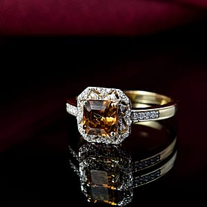 GP Royal Art Deco Collection AAA Asscher Cut Golden Turkizite, Diamond Ring in 10K Yellow Gold 2.15 ctw (Size 5.5)