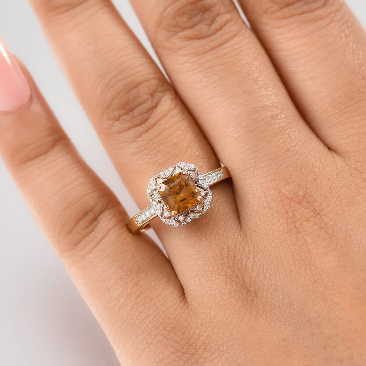 GP 10K Yellow Gold AAA Asscher Cut Golden Turkizite, Diamond (I2) Ring (Size 6.5) 2.15 ctw image number 2