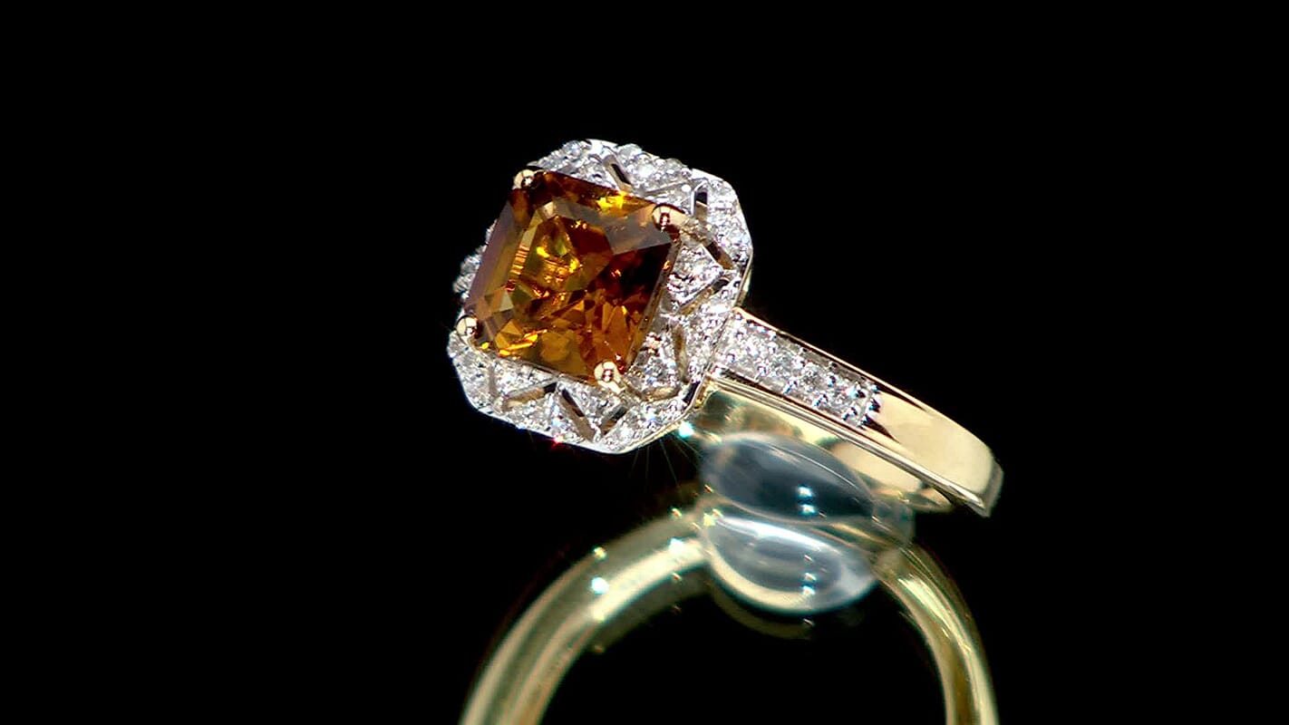 GP 10K Yellow Gold AAA Asscher Cut Golden Turkizite, Diamond (I2) Ring (Size 6.0) 2.15 ctw