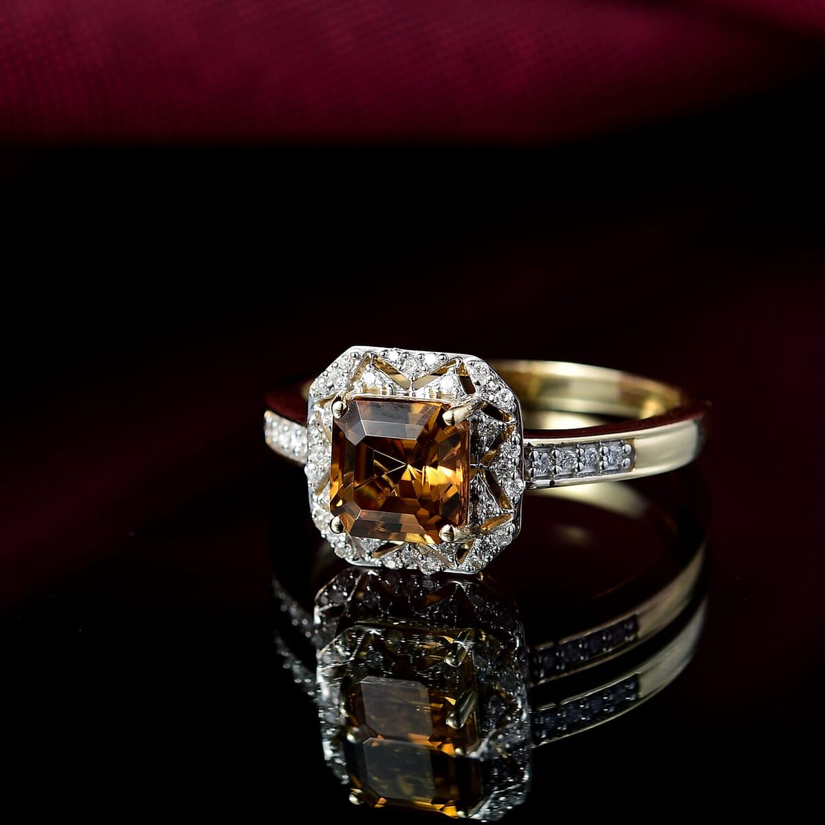 GP 10K Yellow Gold AAA Asscher Cut Golden Turkizite, Diamond (I2) Ring (Size 8.5) 2.15 ctw image number 1