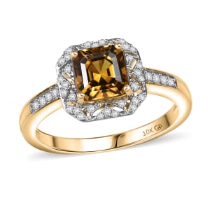 GP Royal Art Deco Collection AAA Asscher Cut Golden Turkizite and I2 Diamond 2.15 ctw Ring in 10K Yellow Gold (Size 9.0)