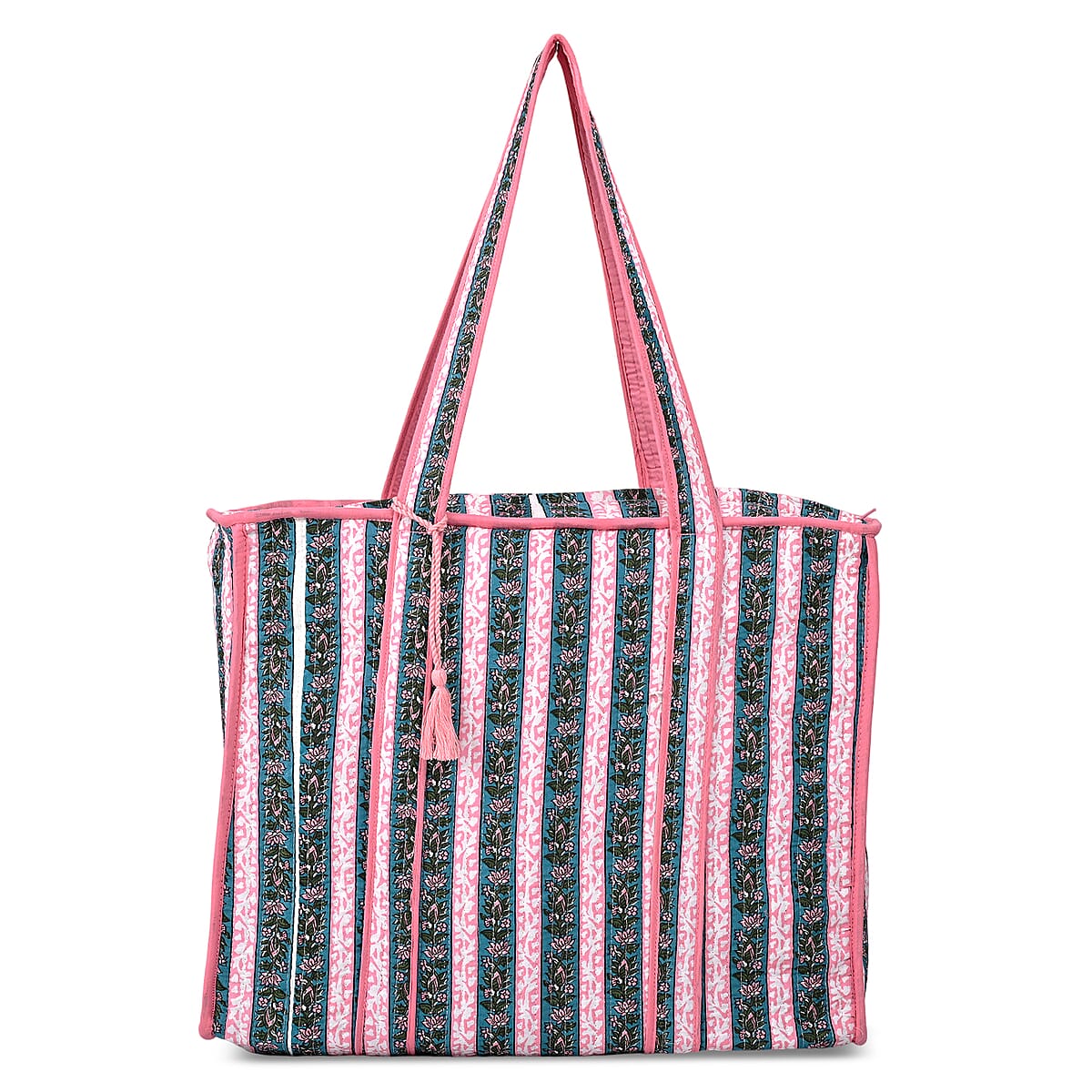 Teal and Pink Quilted Cotton & Polyester Tote Bag image number 0