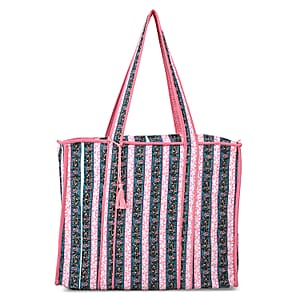 Teal and Pink Quilted Cotton & Polyester Tote Bag