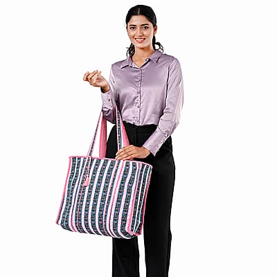 Teal and Pink Quilted Cotton & Polyester Tote Bag