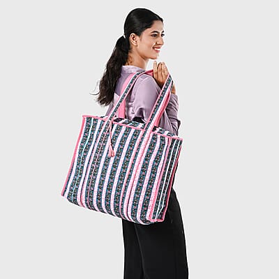 Teal and Pink Quilted Cotton & Polyester Tote Bag