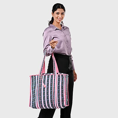 Teal and Pink Quilted Cotton & Polyester Tote Bag