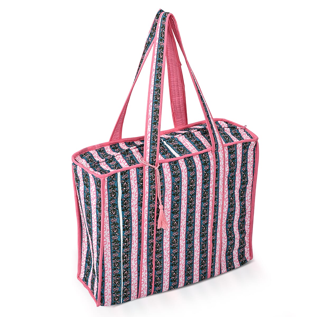 Teal and Pink Quilted Cotton & Polyester Tote Bag image number 5