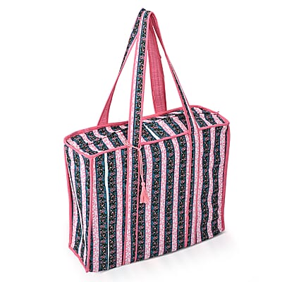 Teal and Pink Quilted Cotton & Polyester Tote Bag