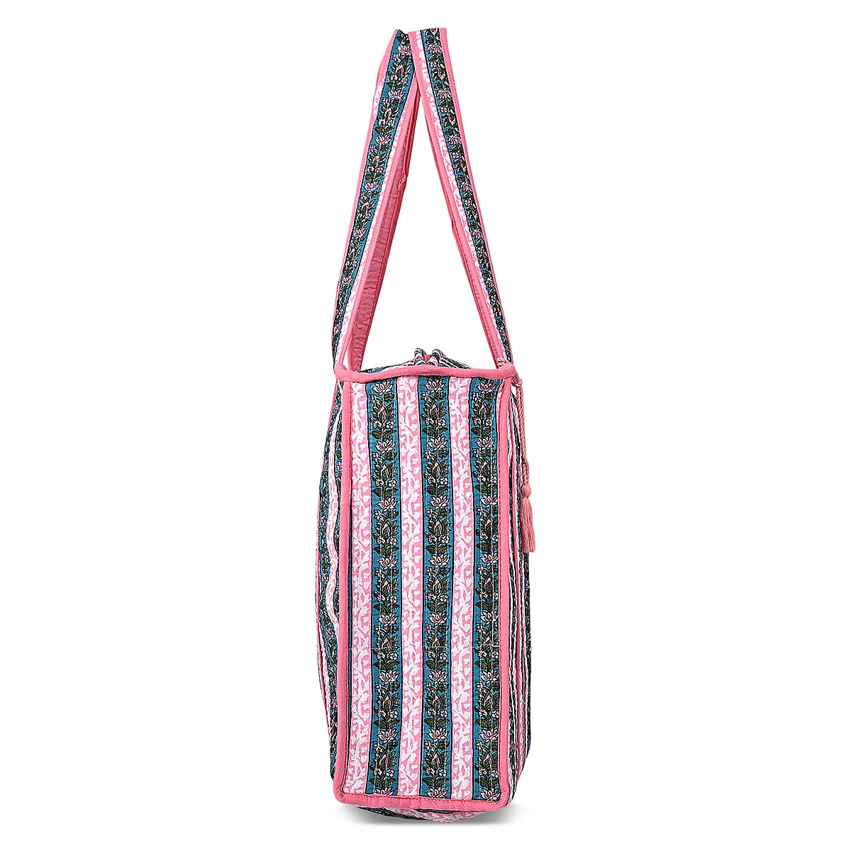 Teal and Pink Quilted Cotton & Polyester Tote Bag image number 6