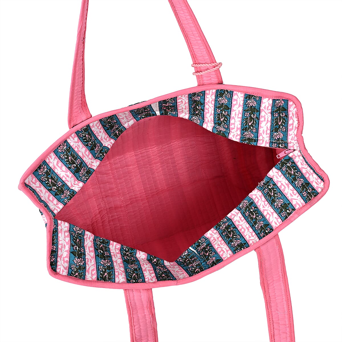 Teal and Pink Quilted Cotton & Polyester Tote Bag image number 8