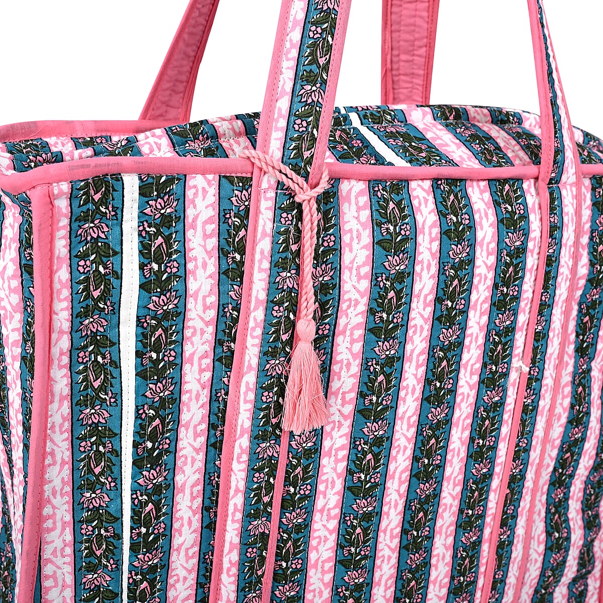 Teal and Pink Quilted Cotton & Polyester Tote Bag image number 9