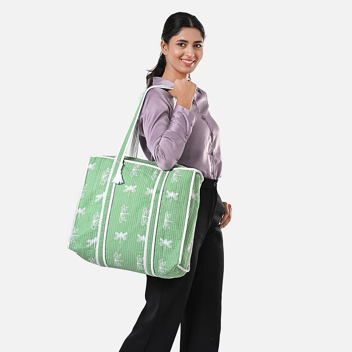 Green Quilted Cotton & Polyester Tote Bag image number 4
