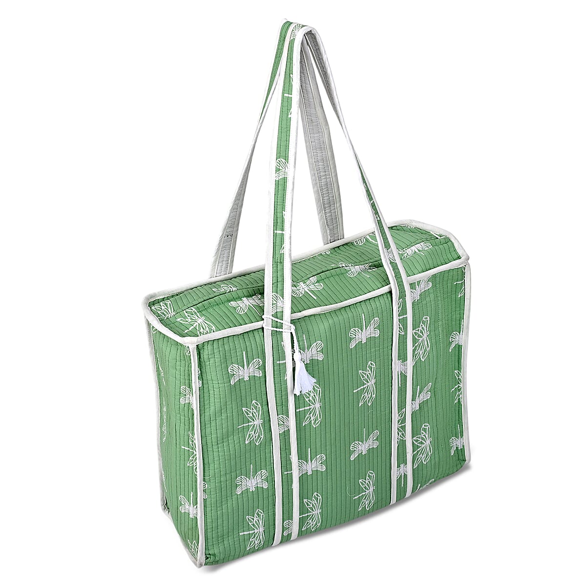 Green Quilted Cotton & Polyester Tote Bag image number 5