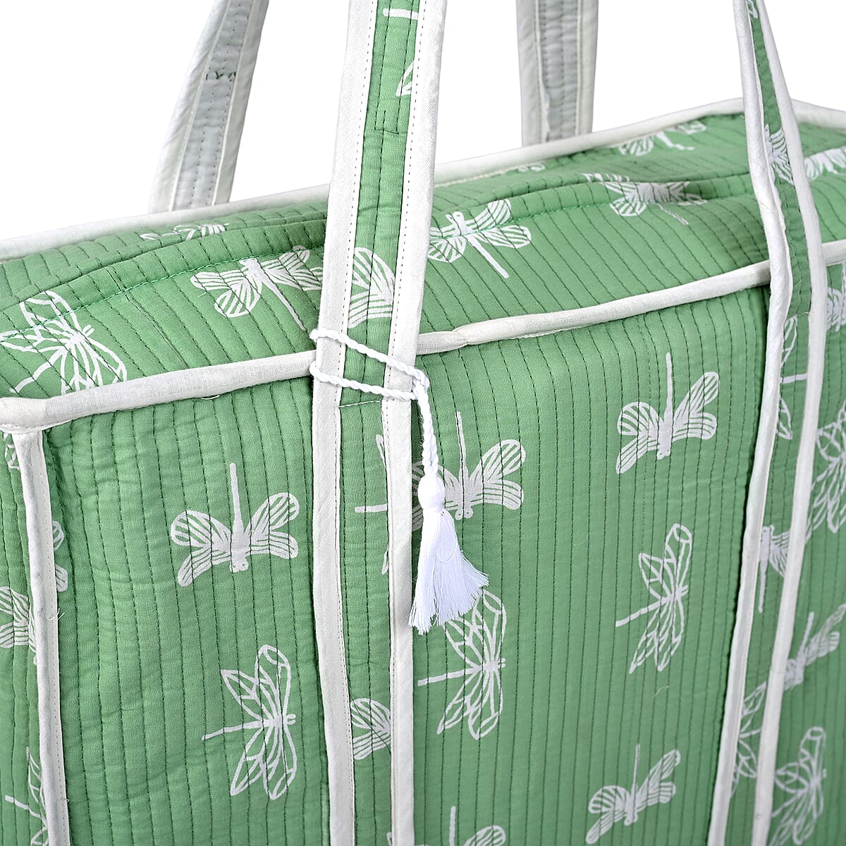 Green Quilted Cotton & Polyester Tote Bag image number 9
