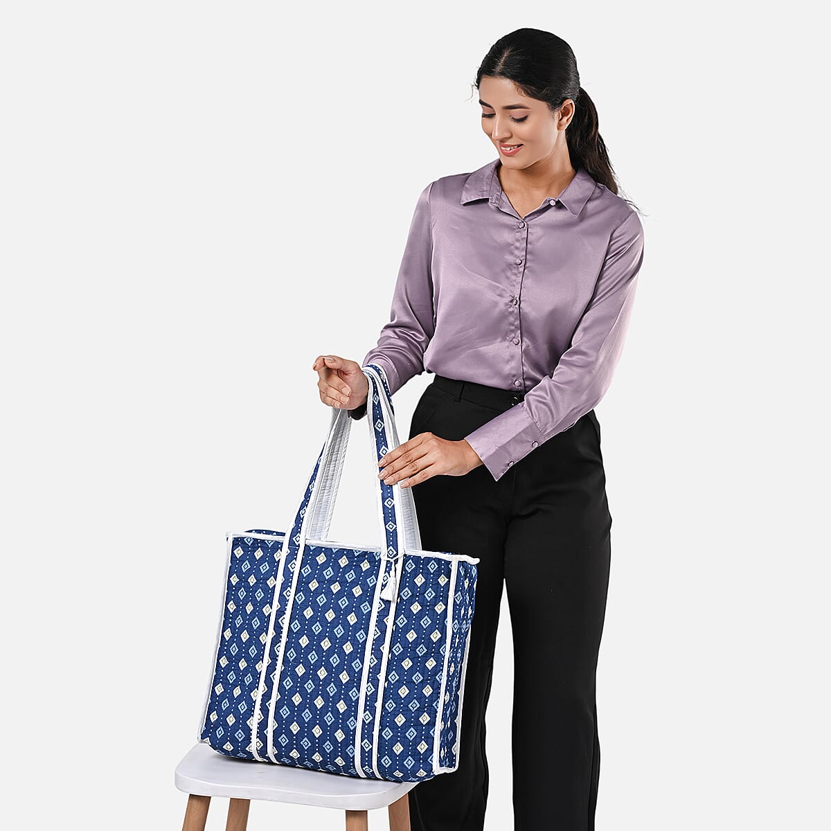 Blue Quilted Cotton & Polyester Tote Bag image number 1