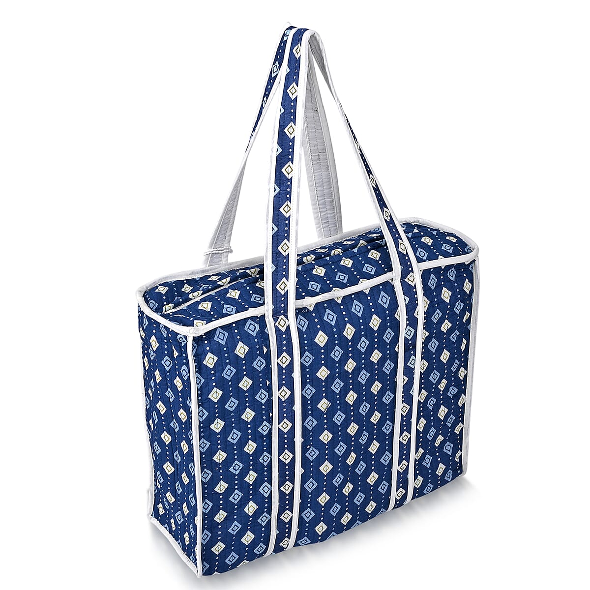Blue Quilted Cotton & Polyester Tote Bag image number 5