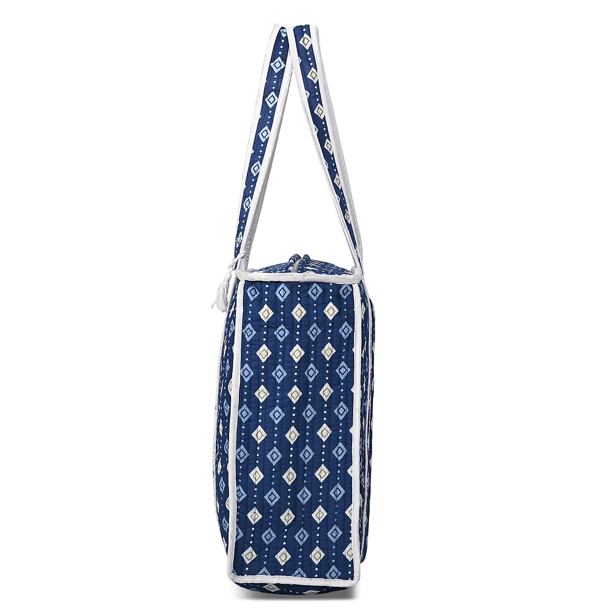 Blue Quilted Cotton & Polyester Tote Bag image number 6