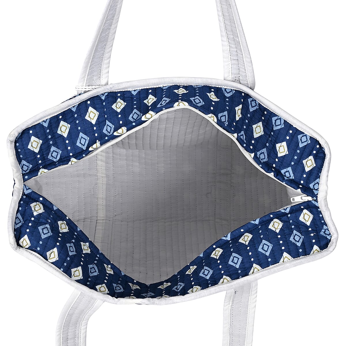 Blue Quilted Cotton & Polyester Tote Bag image number 8