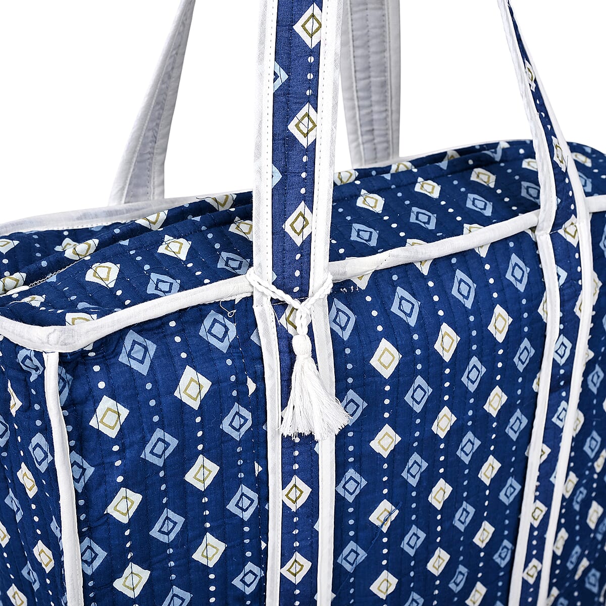 Blue Quilted Cotton & Polyester Tote Bag image number 9