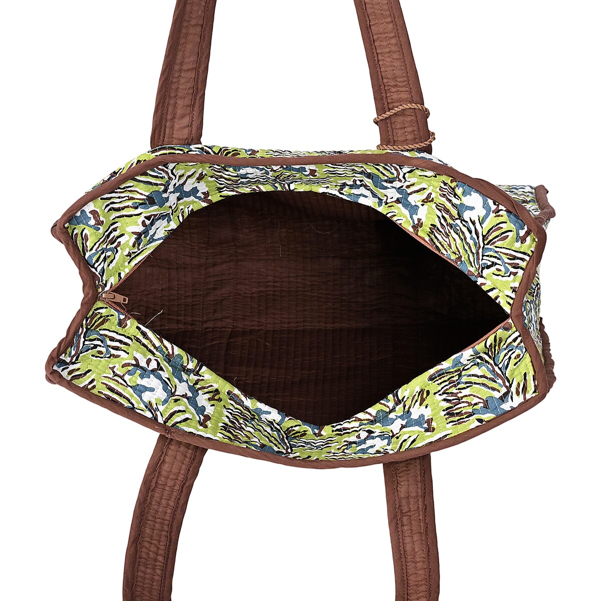 Green Floral Quilted Cotton & Polyester Tote Bag image number 7