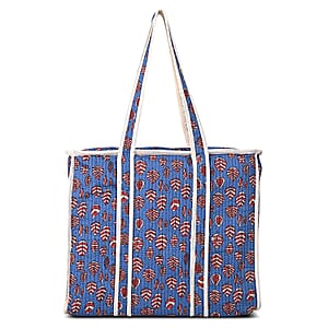 Blue Quilted Cotton & Polyester Bag with Zipper Closure
