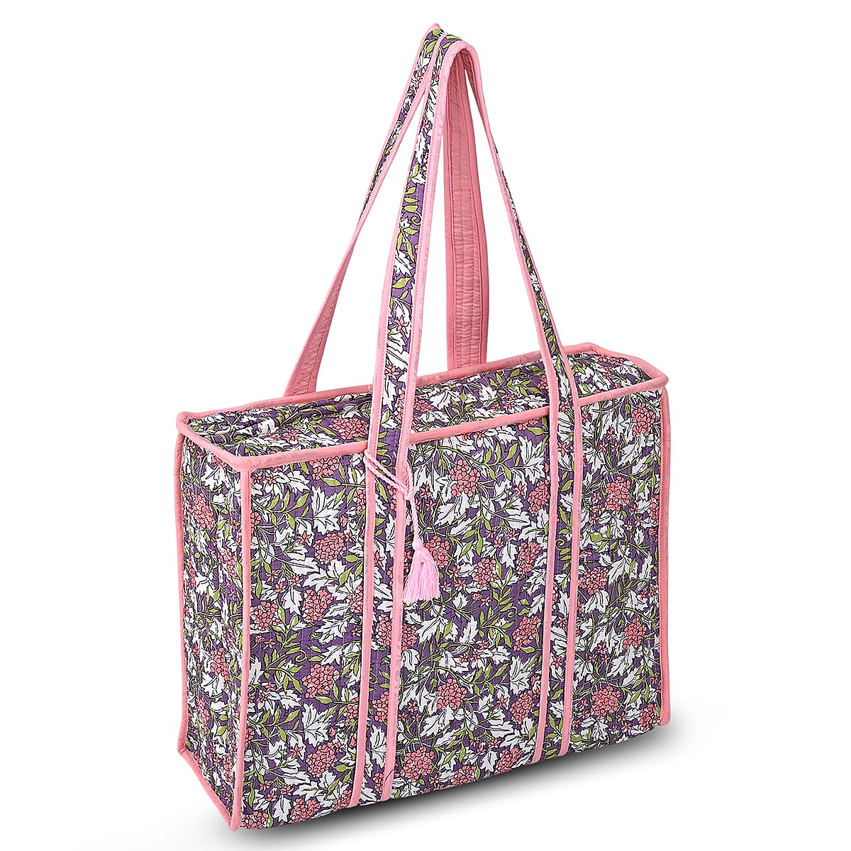 Violet Quilted Cotton & Polyester Bag with Zipper Closure image number 4