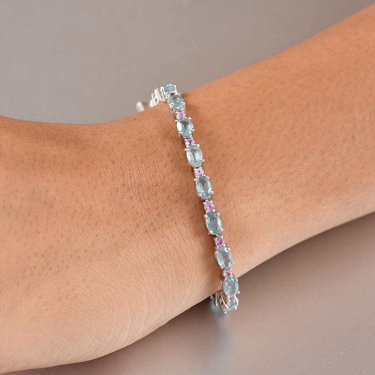 D'Joy Aqua Kyanite and Madagascar Pink Sapphire 12.40 ctw Water Bubbles Bracelet in Rhodium Over Sterling Silver (7.25 In) image number 1