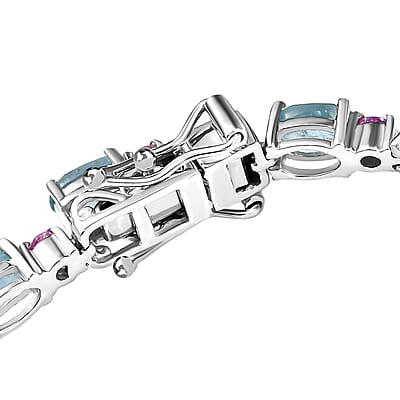 D'Joy Aqua Kyanite and Madagascar Pink Sapphire 12.40 ctw Water Bubbles Bracelet in Rhodium Over Sterling Silver (7.25 In)