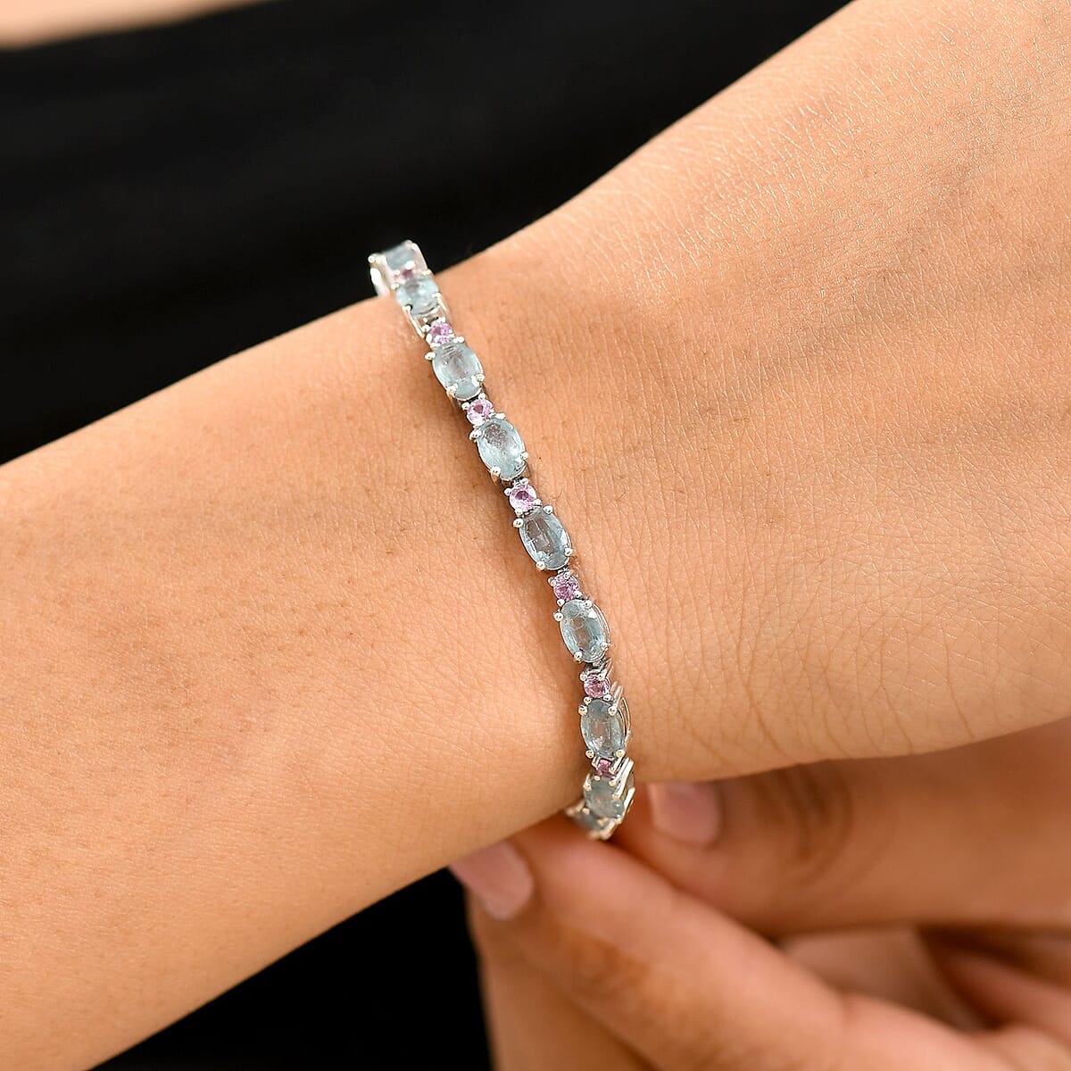 D'Joy Aqua Kyanite and Madagascar Pink Sapphire 11.10 ctw Water Bubbles Bracelet in Rhodium Over Sterling Silver (6.50 In) image number 1