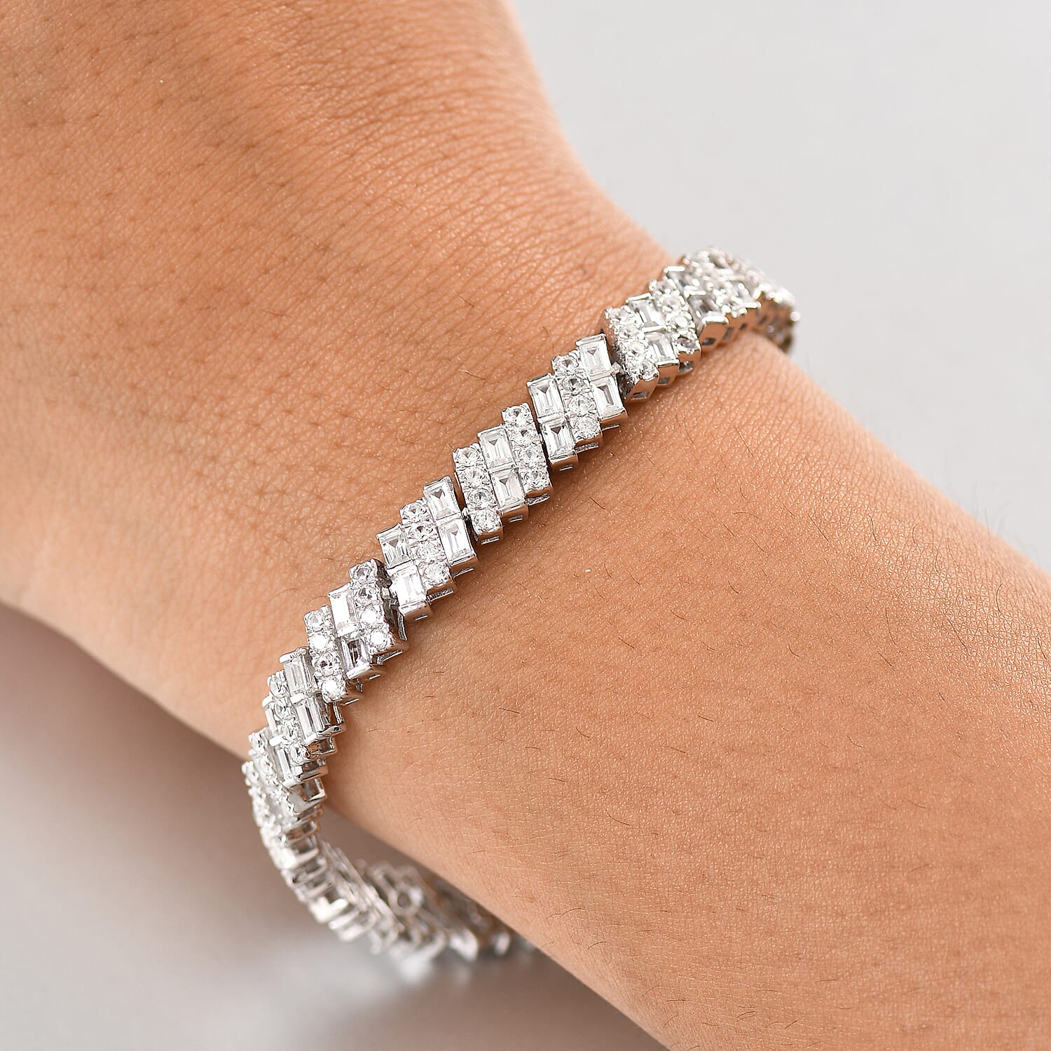 D'Joy White Zircon 10.35 ctw Art Deco Bracelet in Rhodium Over Sterling Silver (6.50 In)
