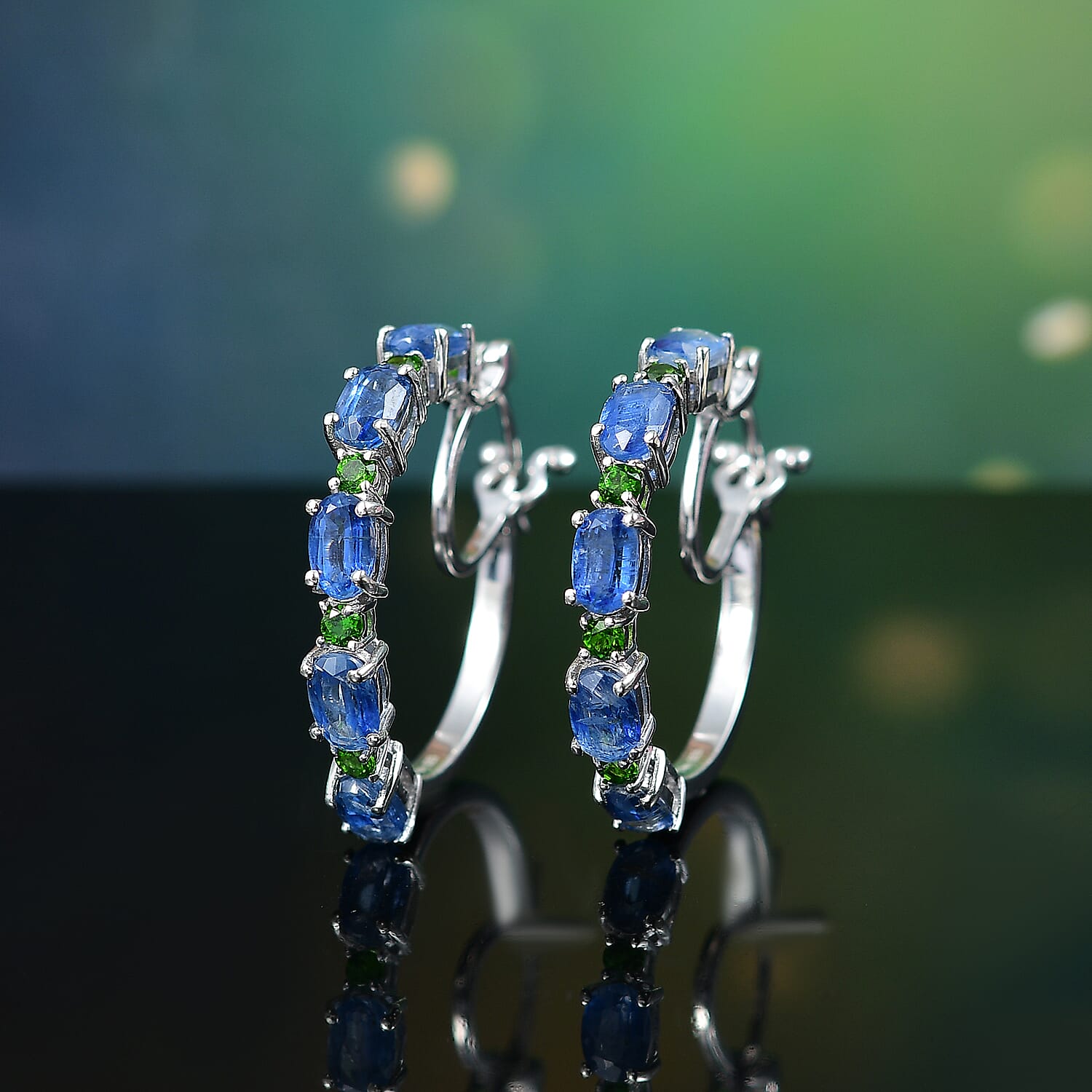 D'Joy Kashmir Kyanite and Chrome Diopside 6.75 ctw Water Bubbles Hoop Earrings in Rhodium Over Sterling Silver
