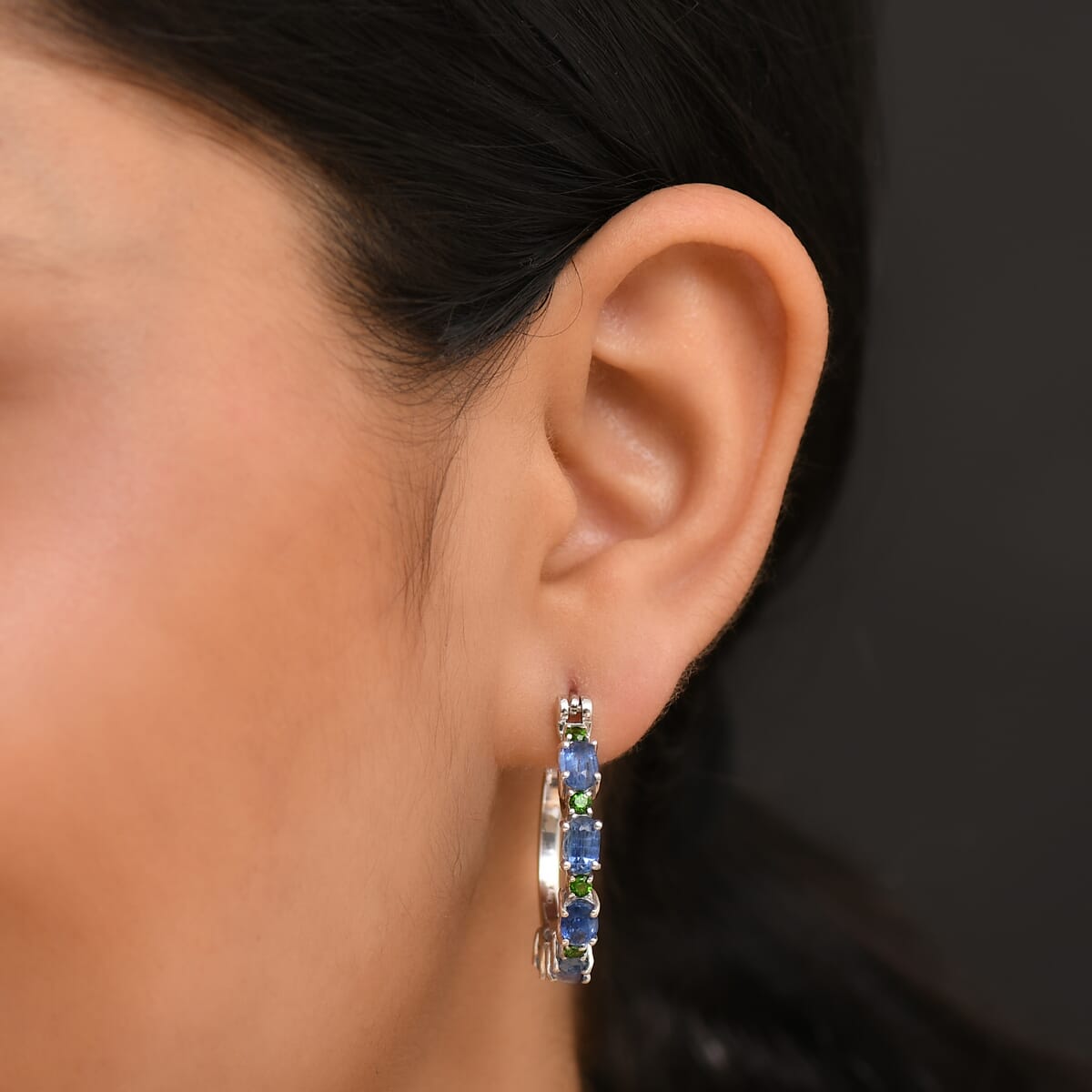 D'Joy Kashmir Kyanite and Chrome Diopside 6.75 ctw Water Bubbles Hoop Earrings in Rhodium Over Sterling Silver image number 2