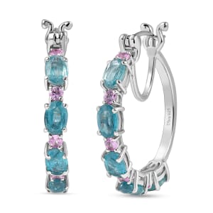 D'Joy Aqua Kyanite and Madagascar Pink Sapphire 6.85 ctw Water Bubbles Hoop Earrings in Rhodium Over Sterling Silver