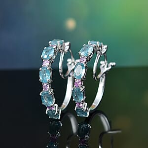 D'Joy Aqua Kyanite and Madagascar Pink Sapphire 6.85 ctw Water Bubbles Hoop Earrings in Rhodium Over Sterling Silver