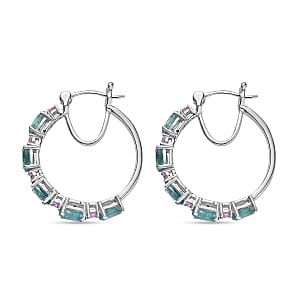 D'Joy Aqua Kyanite and Madagascar Pink Sapphire 6.85 ctw Water Bubbles Hoop Earrings in Rhodium Over Sterling Silver
