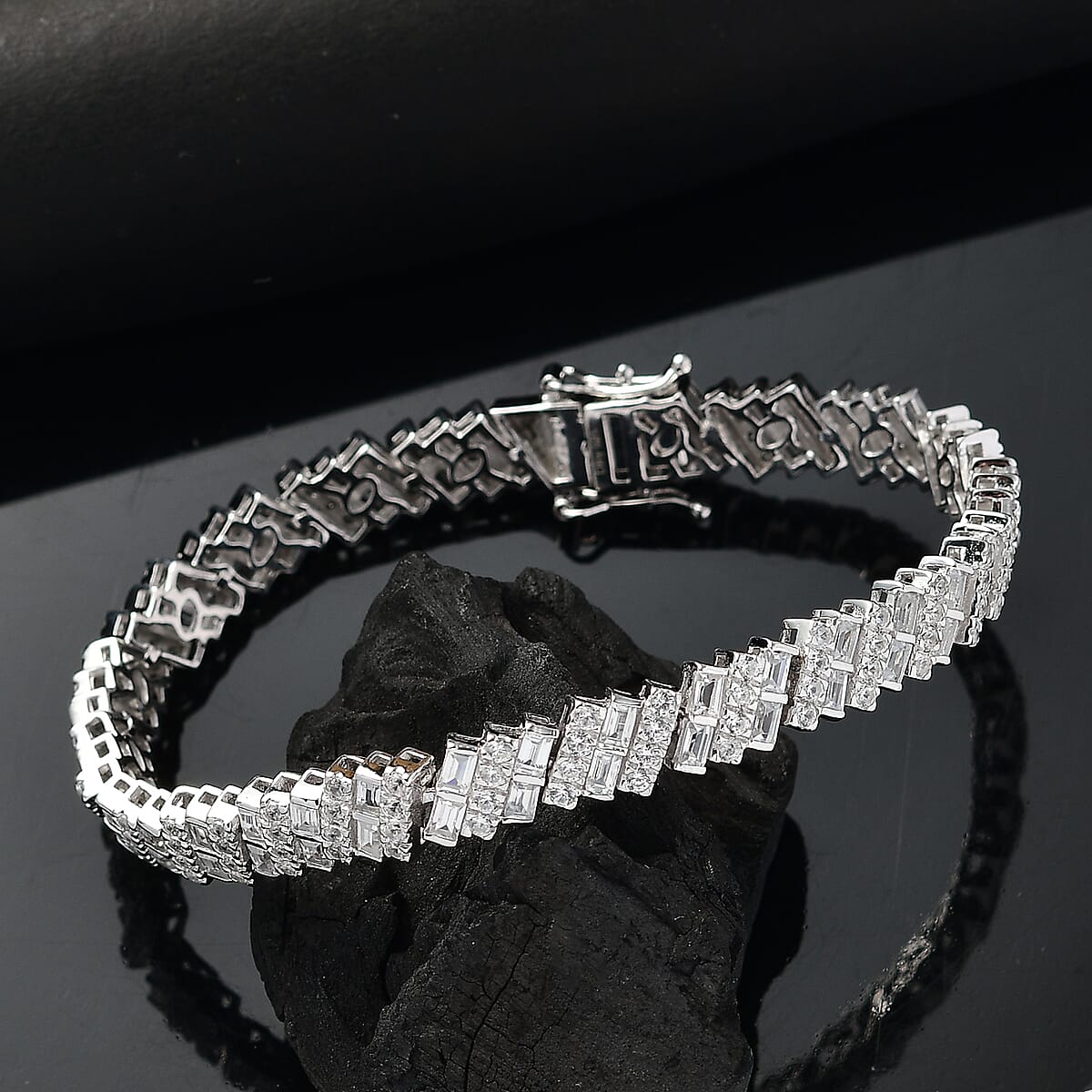 D'Joy White Zircon 12.10 ctw Art Deco Bracelet in Rhodium Over Sterling Silver (7.25 In) image number 1