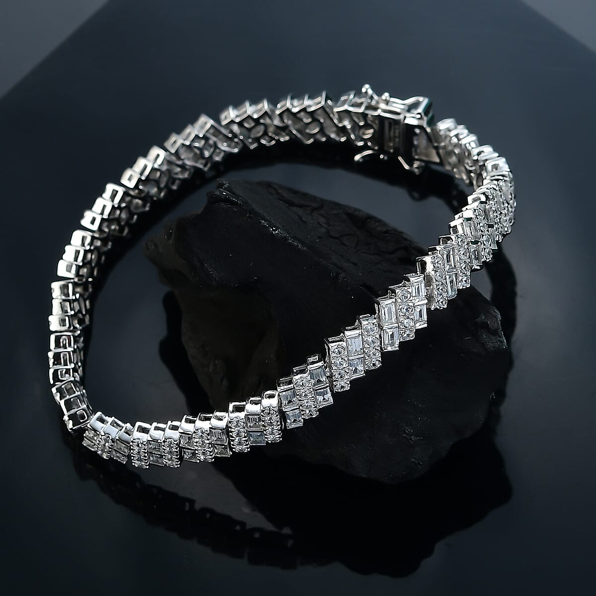 D'Joy White Zircon 13.20 ctw Art Deco Bracelet in Rhodium Over Sterling Silver (8.00 In) image number 1