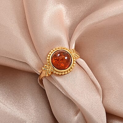 Baltic Amber Round Ring in 14K YG Over Sterling Silver (Adjustable)