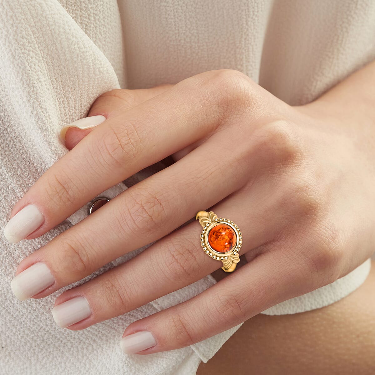 Baltic Amber Round Ring in 14K YG Over Sterling Silver (Adjustable) image number 2