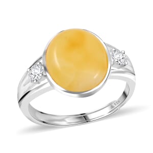 Butterscotch Amber and Crystal Oval Ring in Sterling Silver (Adjustable)