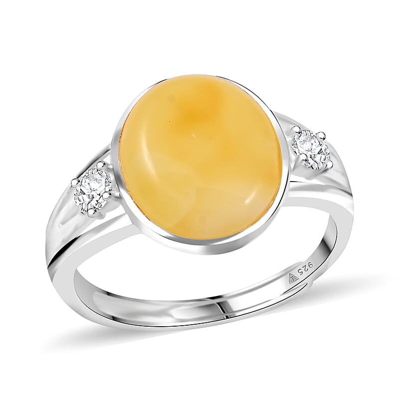 Butterscotch Amber and Crystal Oval Ring in Sterling Silver (Adjustable)