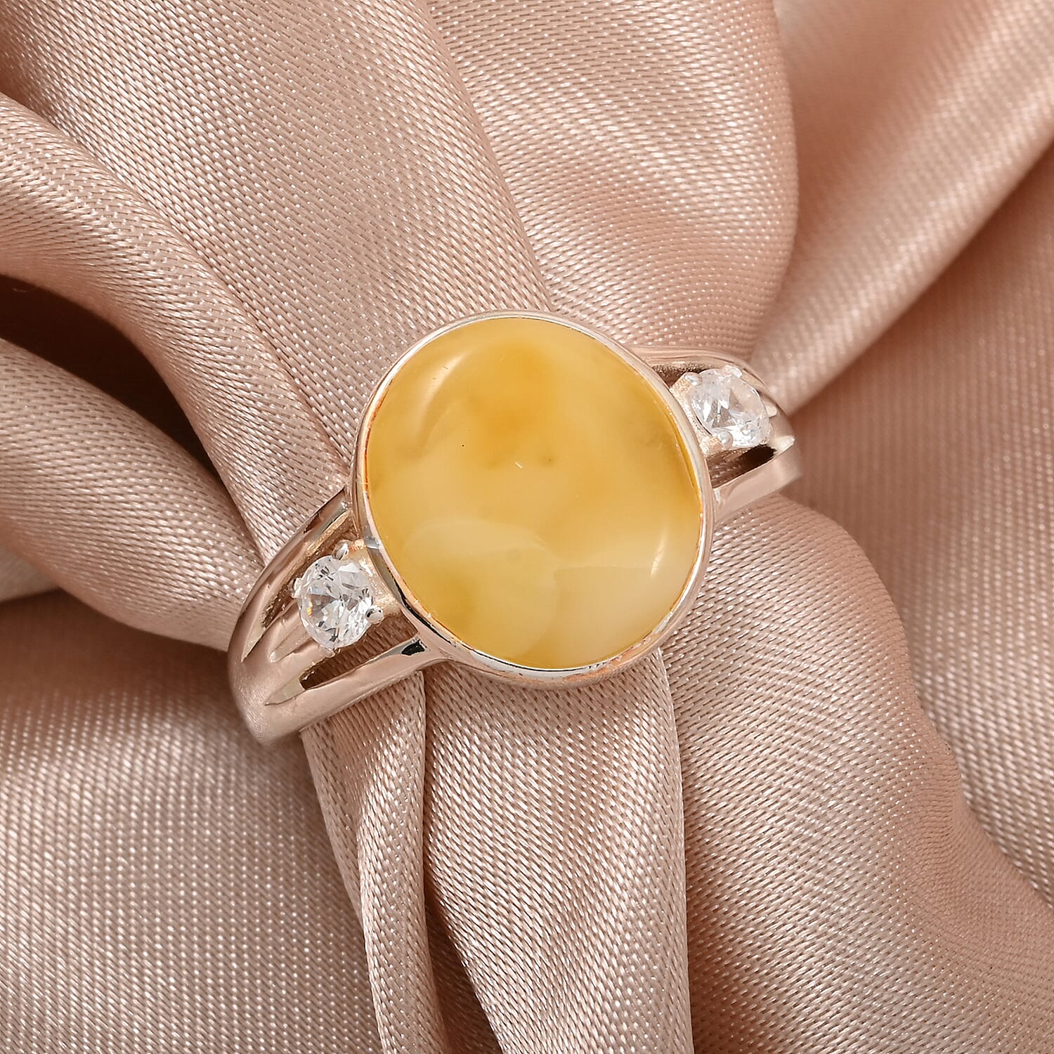 Butterscotch Amber and Crystal Oval Ring in Sterling Silver (Adjustable)
